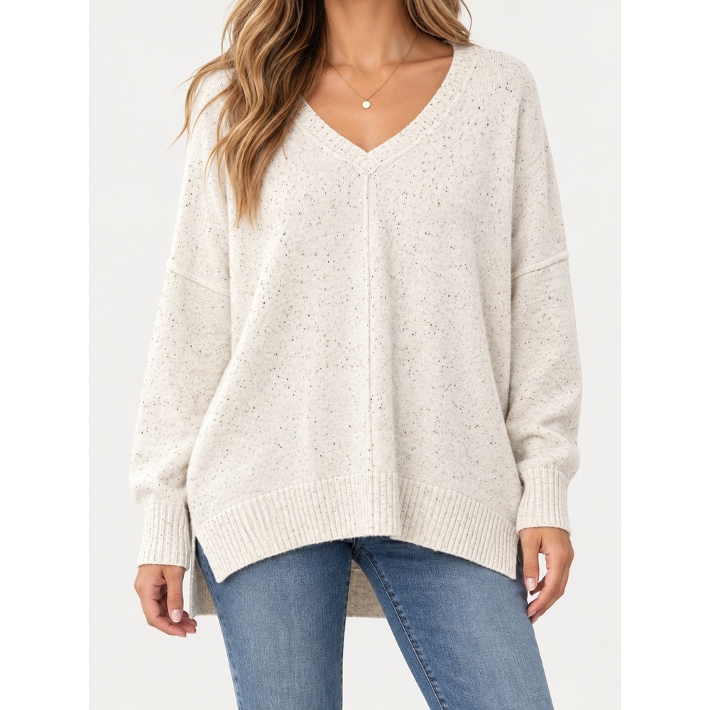 Tahari Oversized V-Neck Sweater 1X Cream Oatmeal Flecked Knit High Low Hem